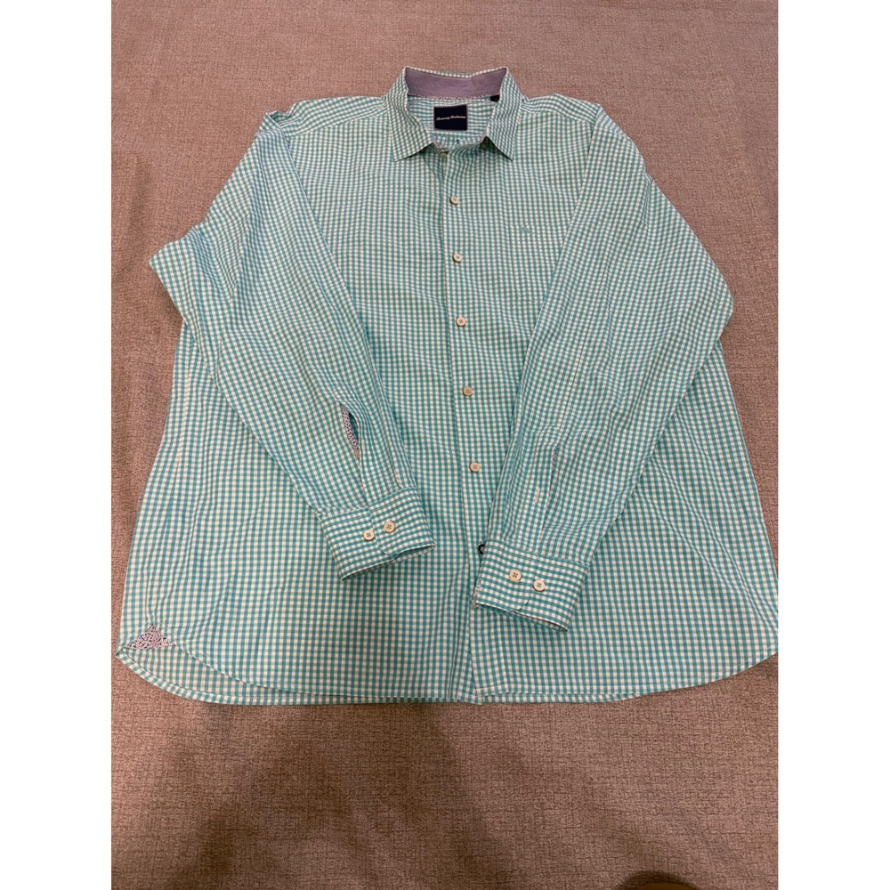Tommy Bahama Mens XXL Button Front Shirt Teal White Gingham Check Cotton Marlin